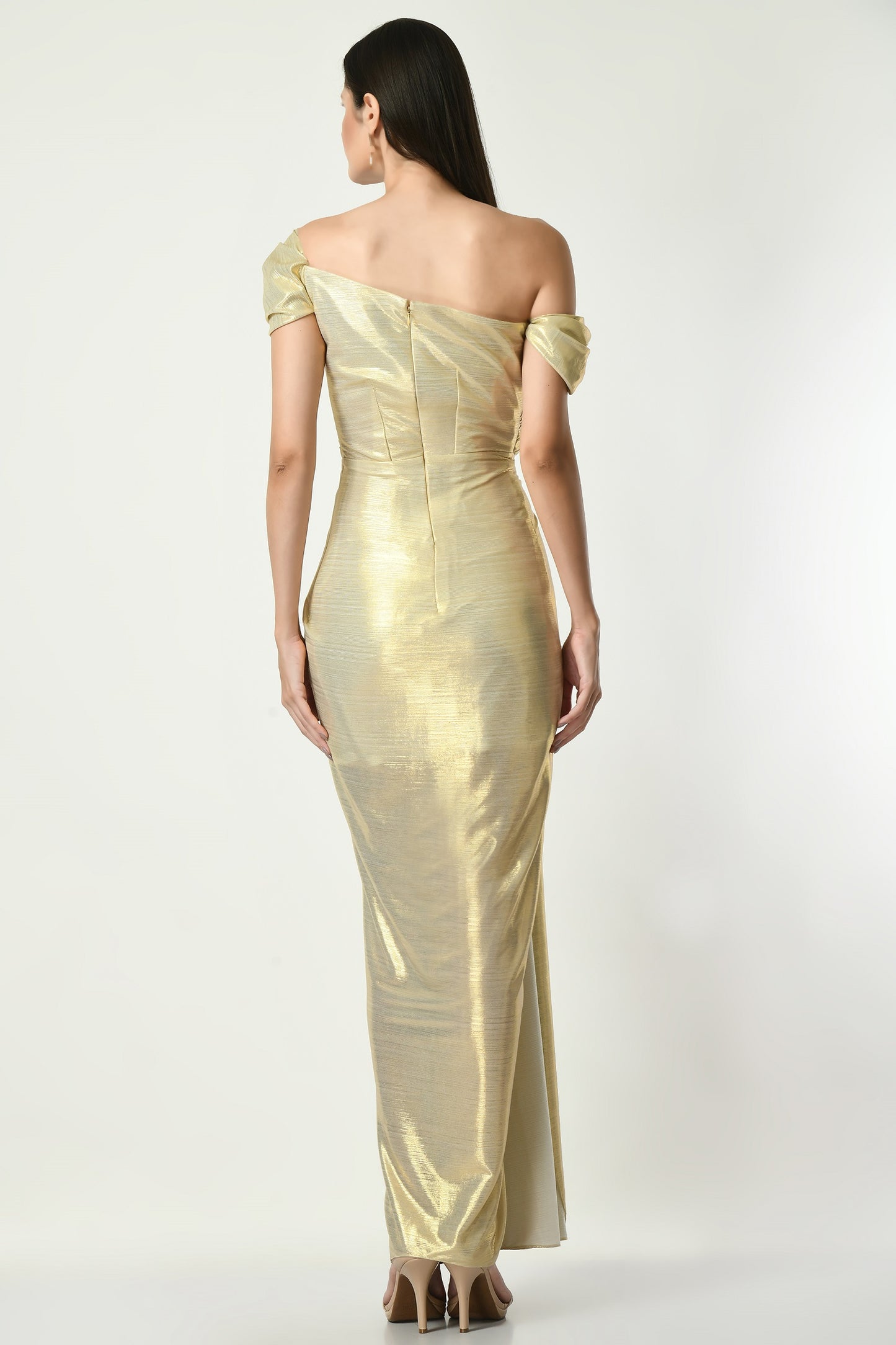 Irvine Blonde Lyrca Off-Shoulder Gown