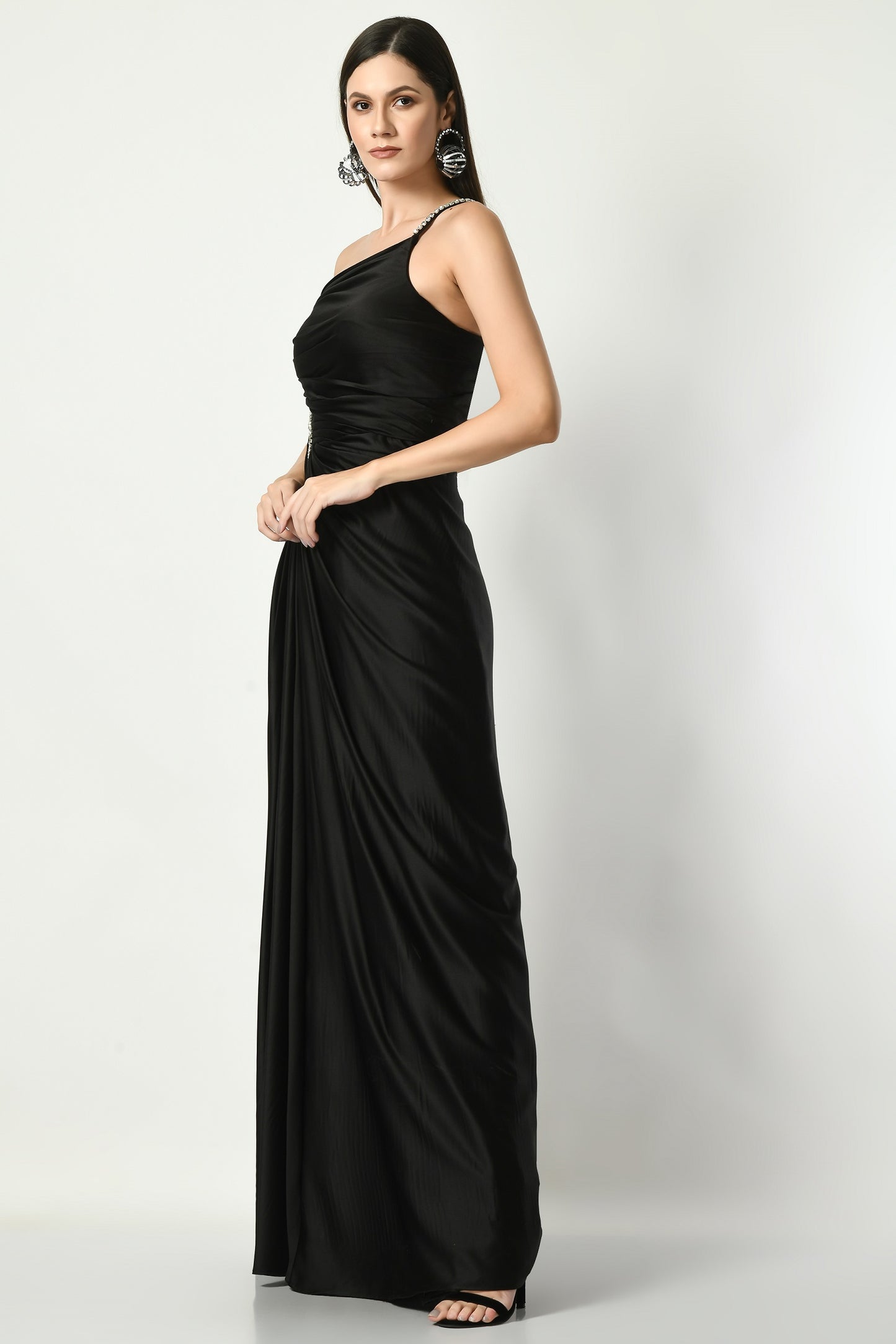 Abilene Black Crepe Satin One-Shoulder Cocktail Gown