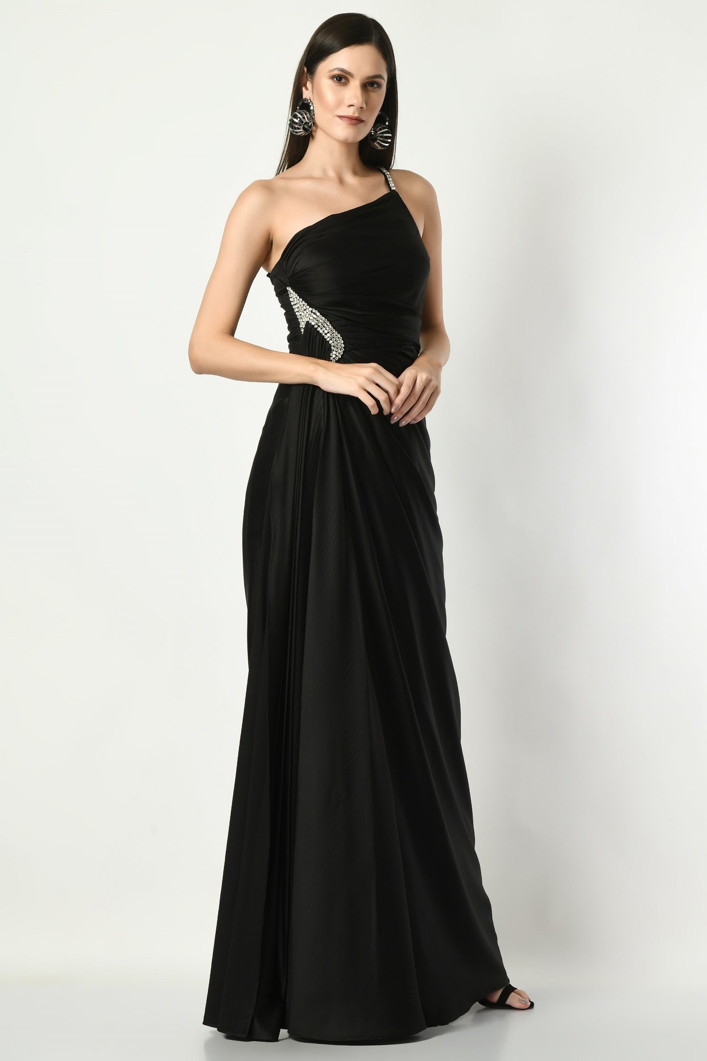 Abilene Black Crepe Satin One-Shoulder Cocktail Gown