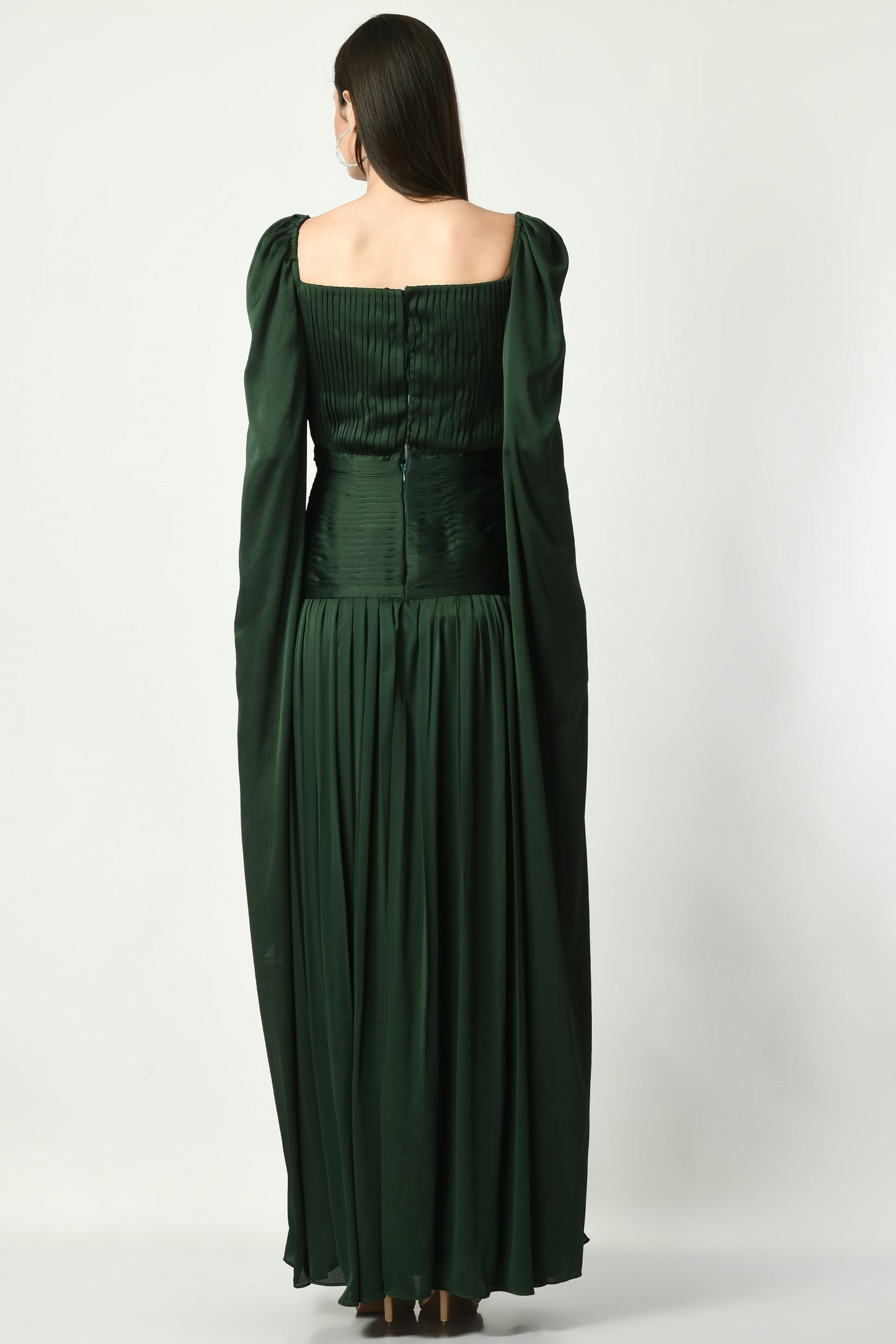 Laramie Emerald Green Satin Chiffon Cape Sleeve Gown