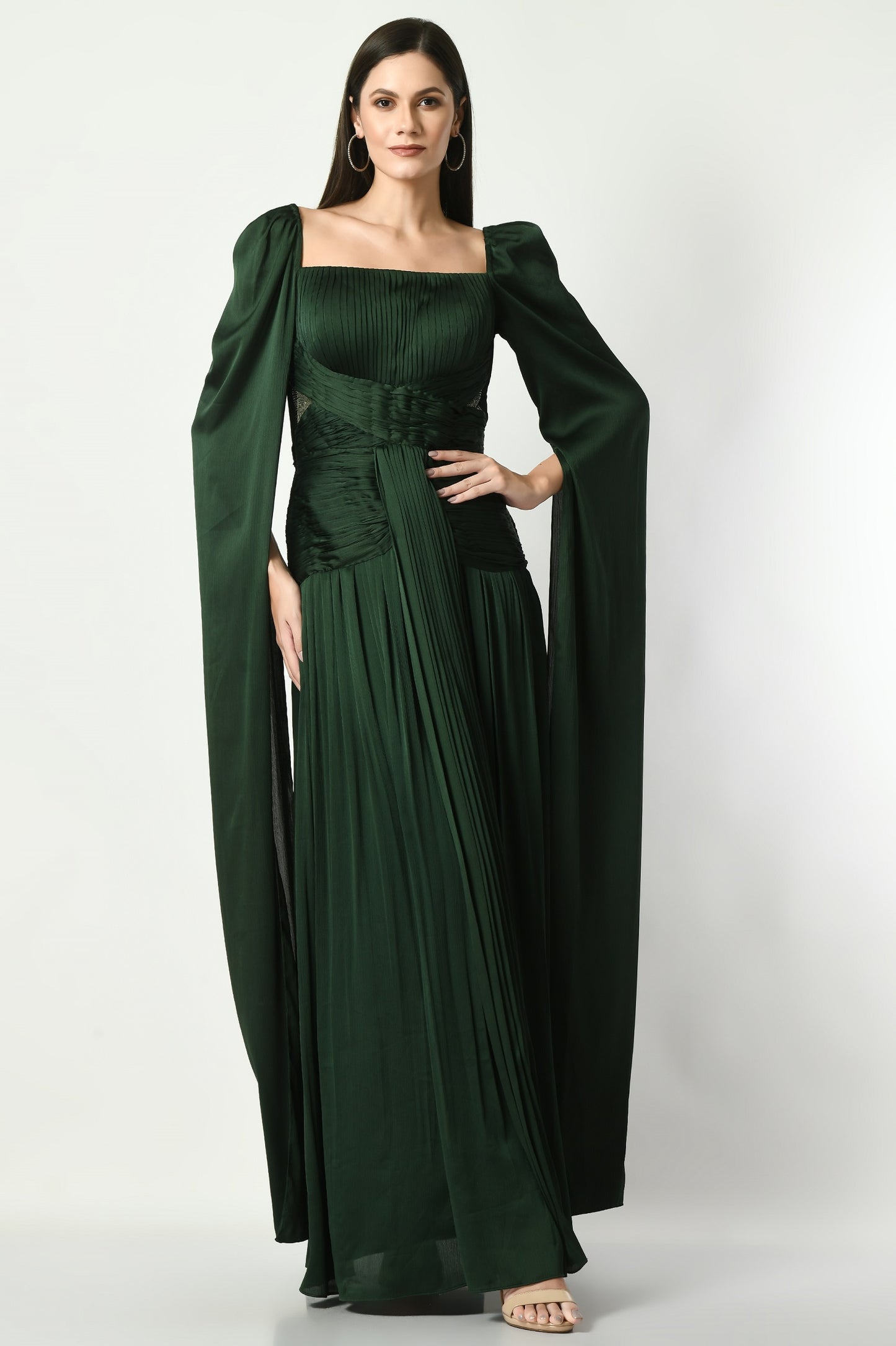 Laramie Emerald Green Satin Chiffon Cape Sleeve Gown