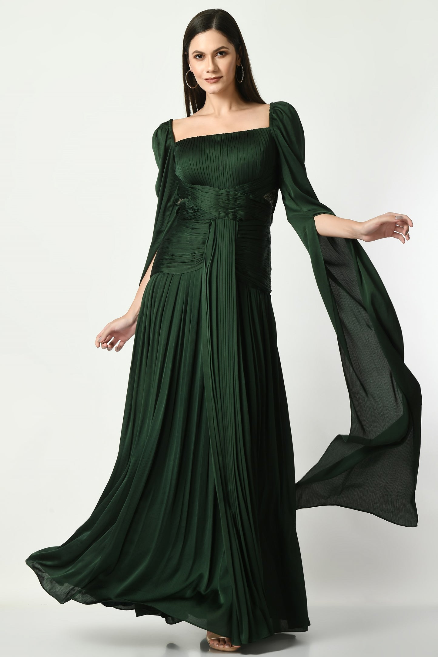 Laramie Emerald Green Satin Chiffon Cape Sleeve Gown