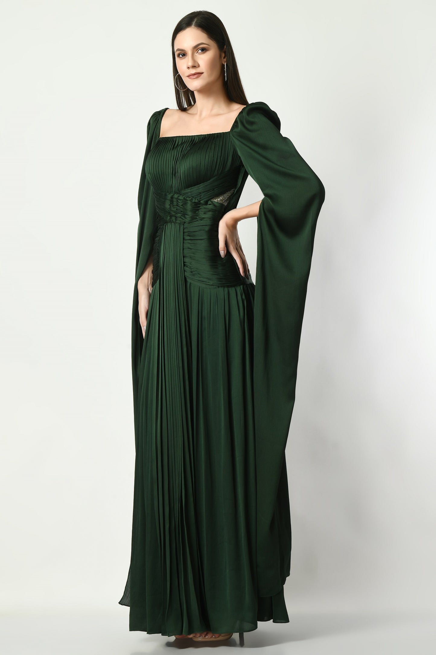 Laramie Emerald Green Satin Chiffon Cape Sleeve Gown