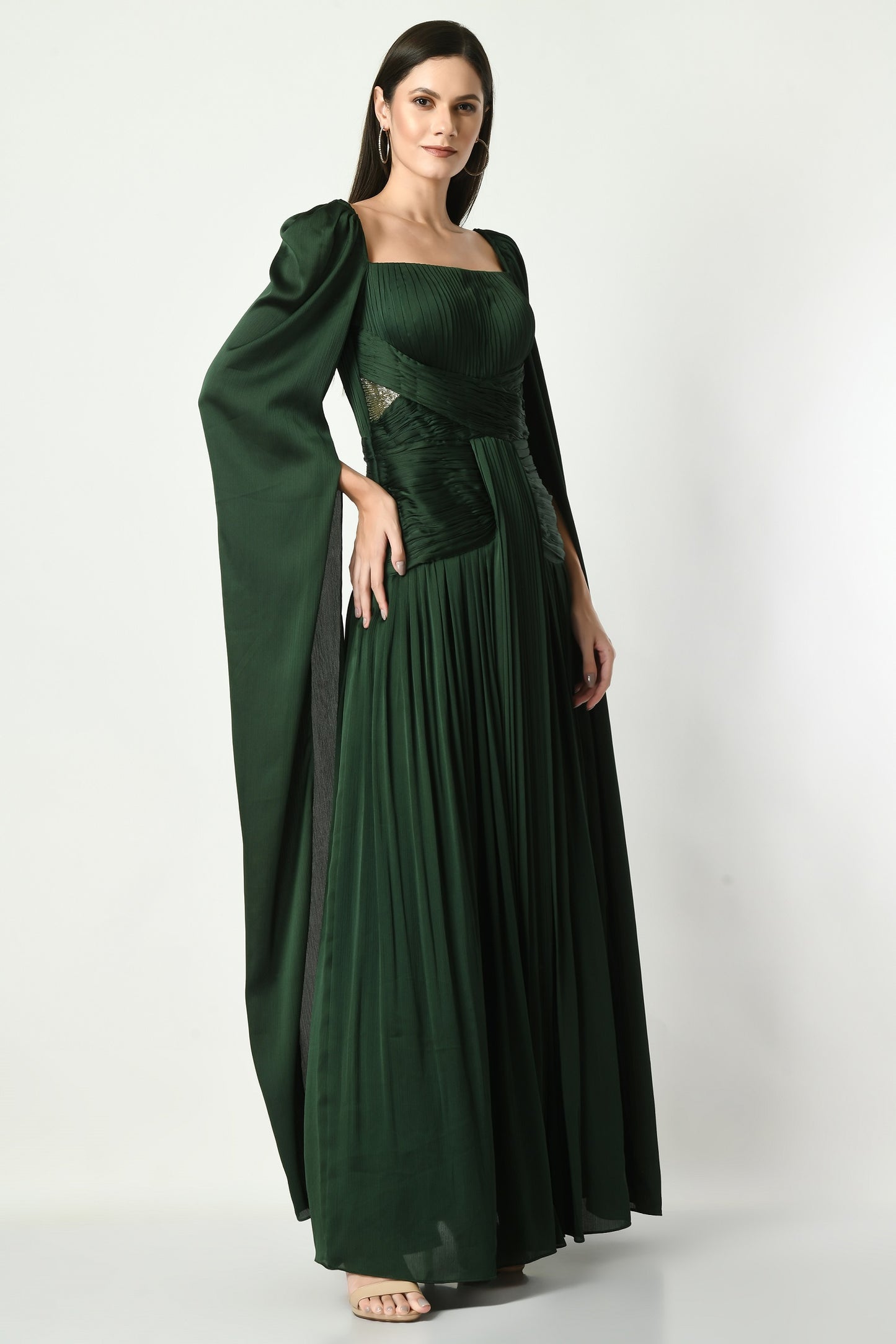 Laramie Emerald Green Satin Chiffon Cape Sleeve Gown