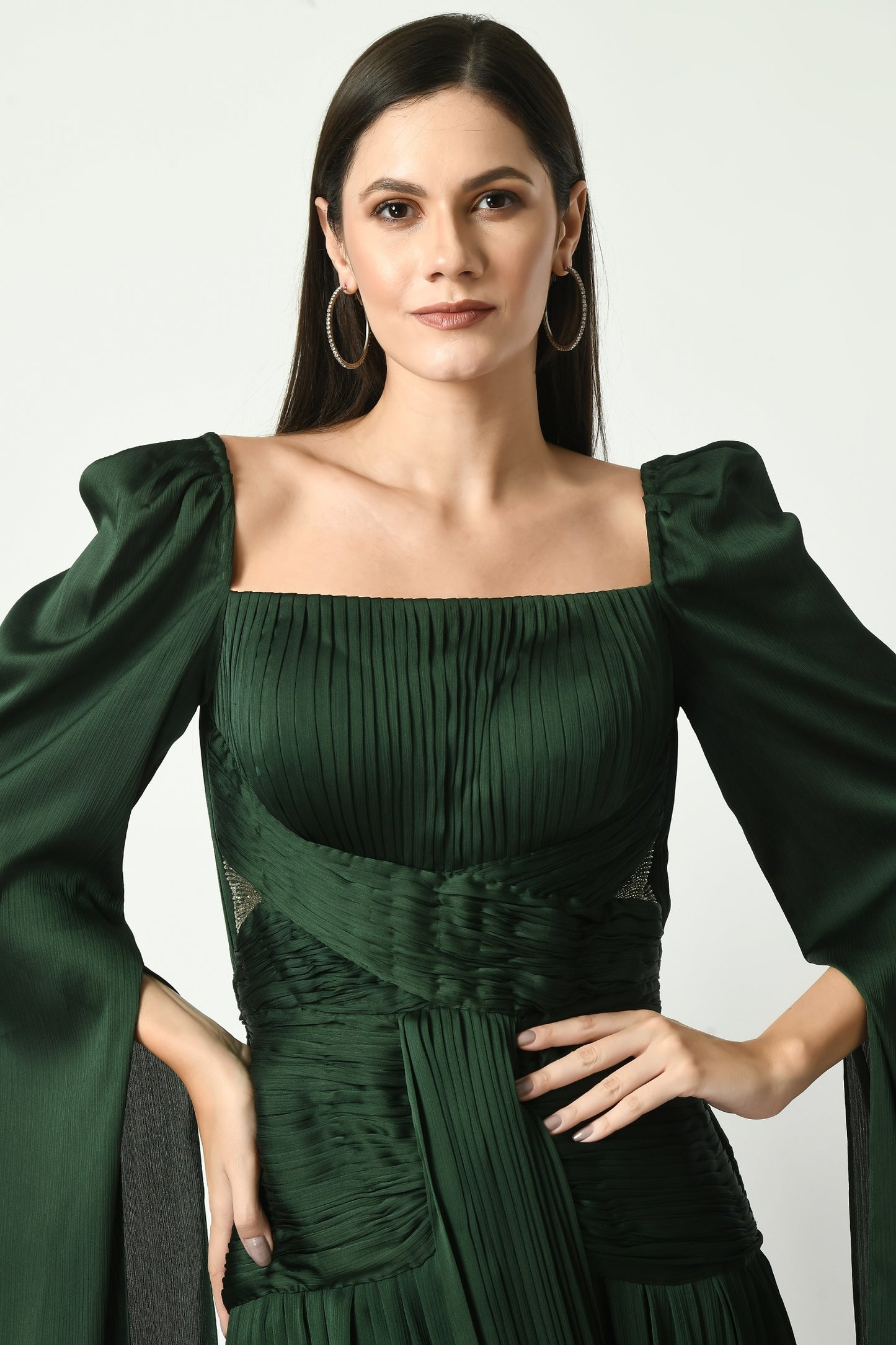 Laramie Emerald Green Satin Chiffon Cape Sleeve Gown