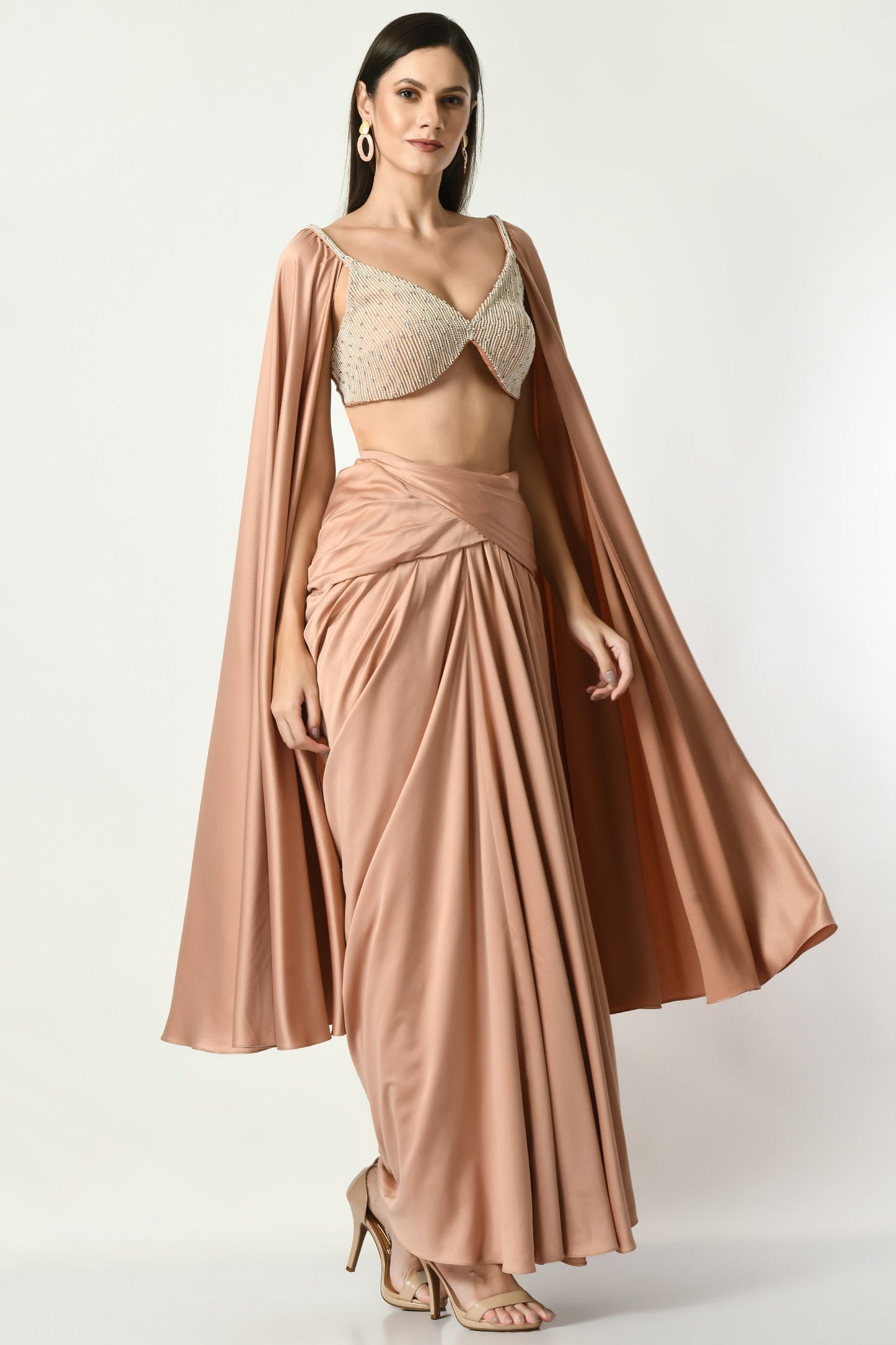 Maine Mocha Hand Embroidered Dhoti Skirt Cape Set