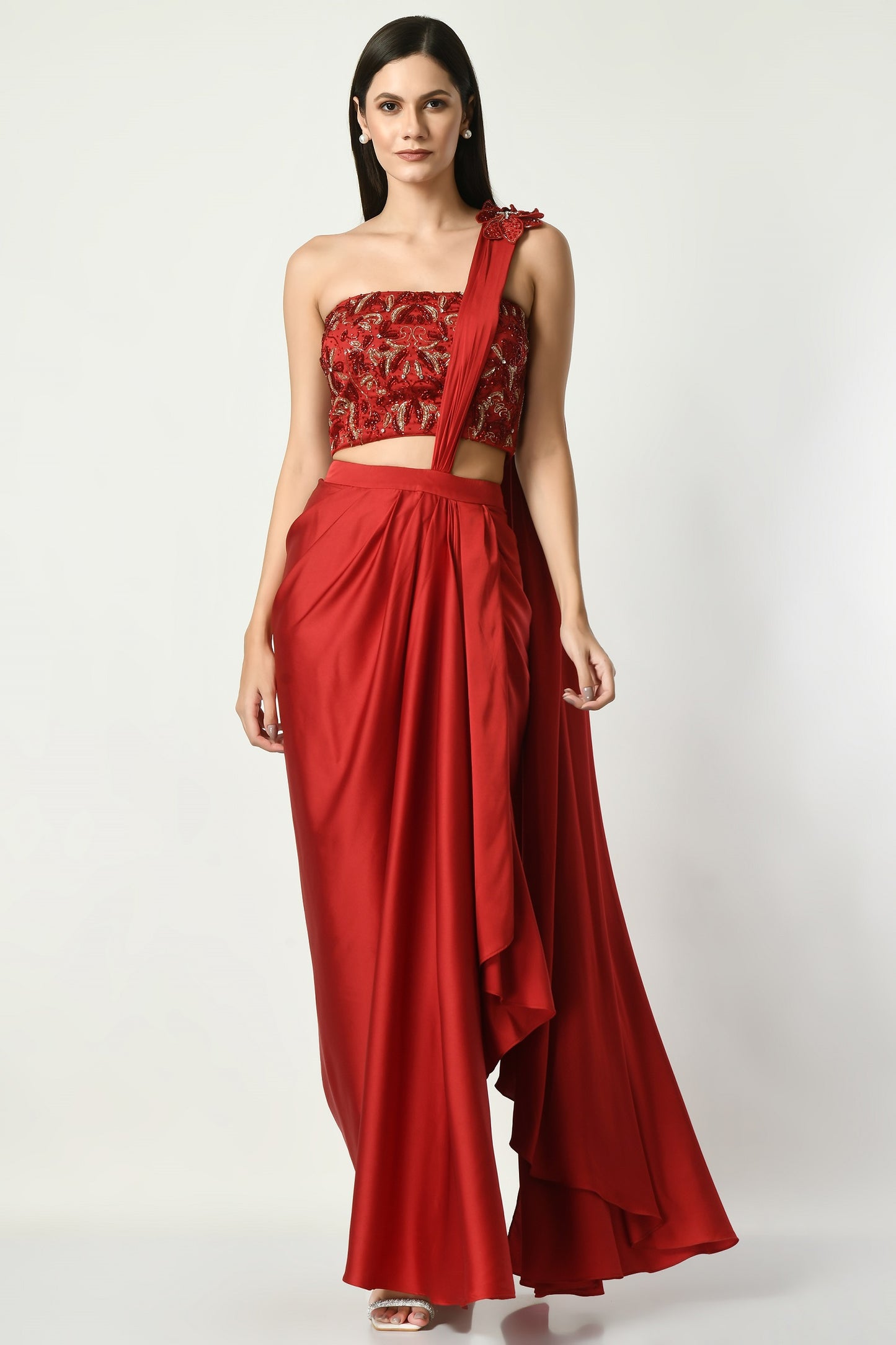 Bisbee Red Hand Embroidered Corset Draped Saree