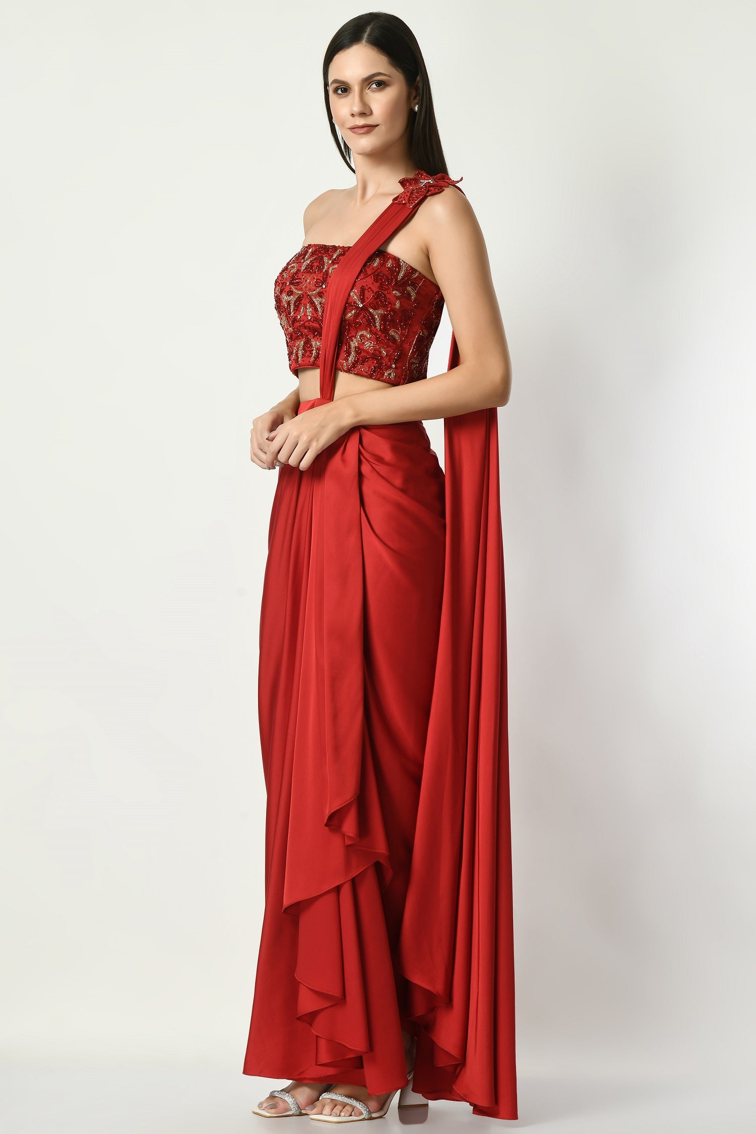 Coral Red Drape Gown Saree – Miku Kumar Official