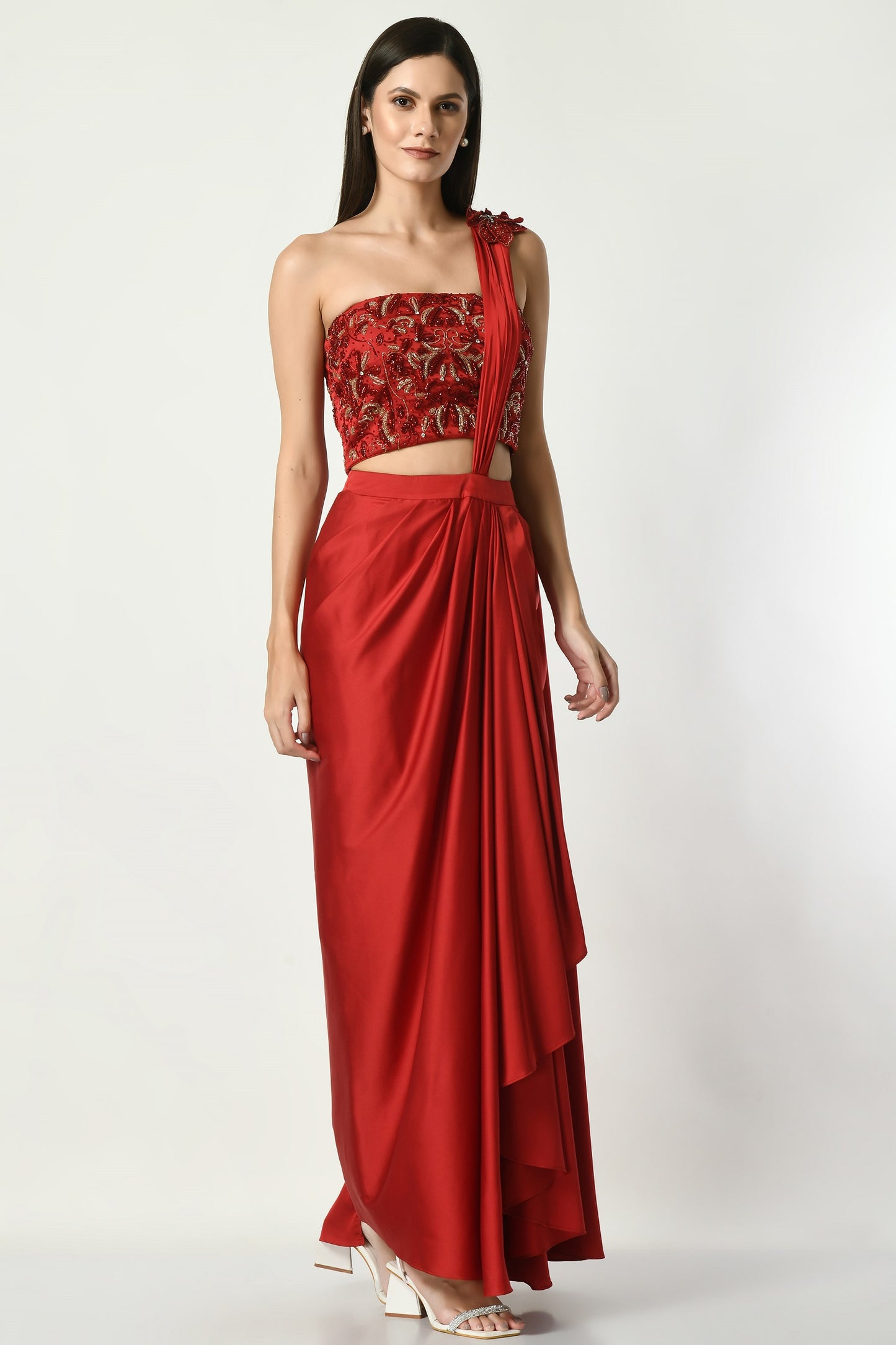 Bisbee Red Hand Embroidered Corset Draped Saree