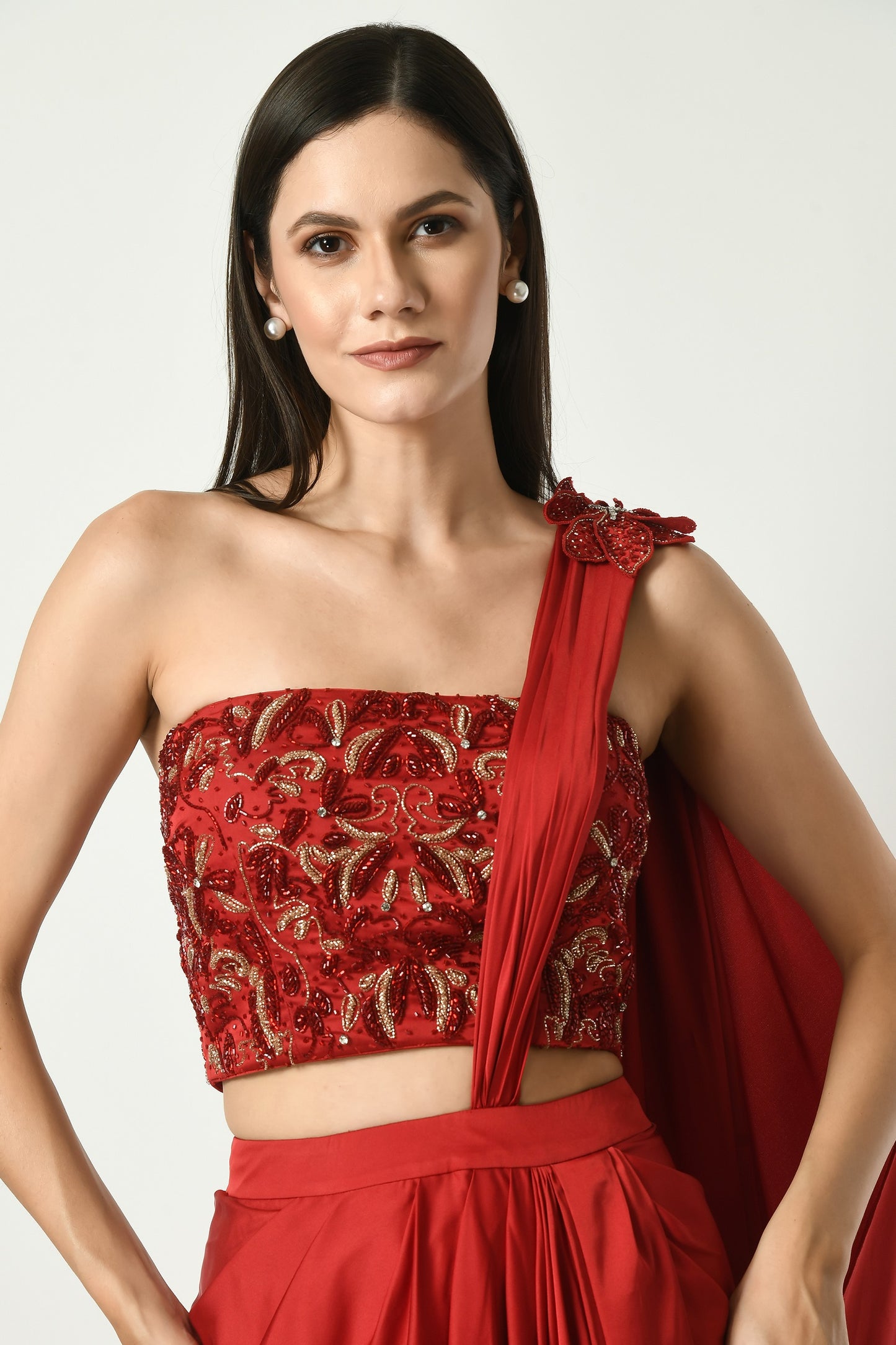 Bisbee Red Hand Embroidered Corset Draped Saree