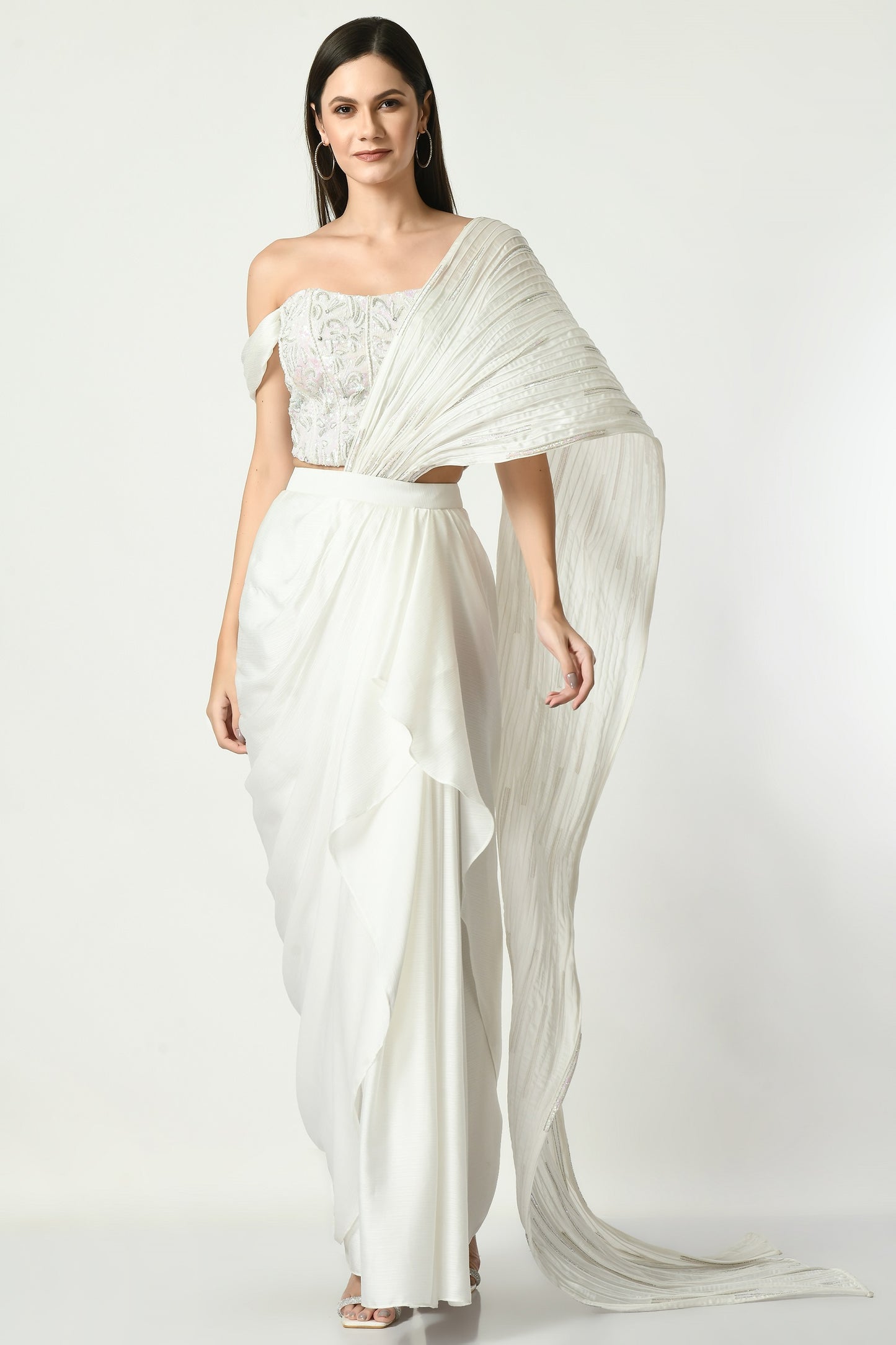 Santorini White Chiffon Hand Embroidered Pre Draped Saree