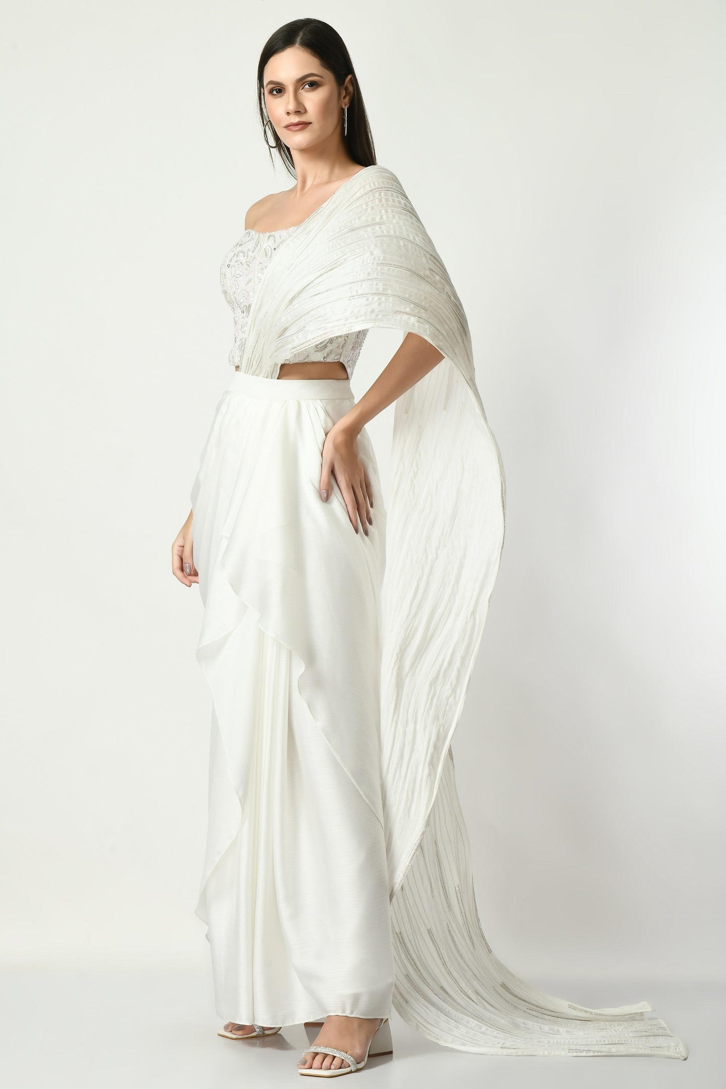 Santorini White Chiffon Hand Embroidered Pre Draped Saree