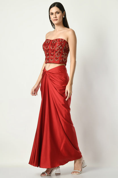 Scarlet Satin Draped Skirt Set