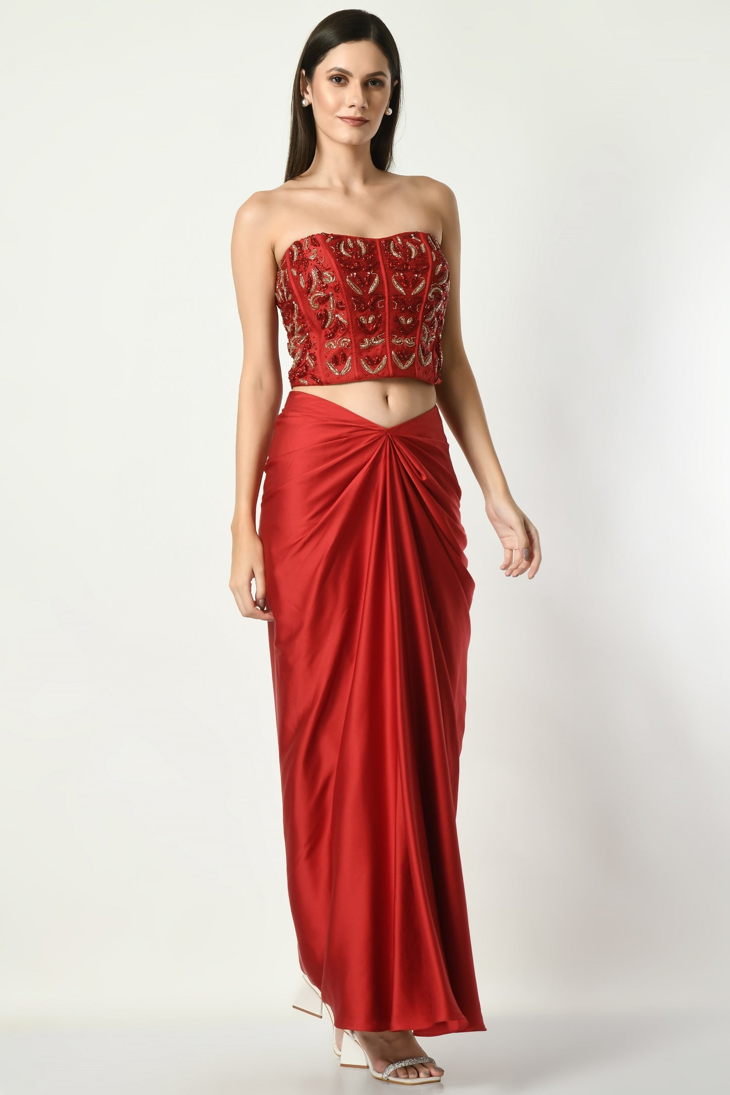 Scarlet Satin Draped Skirt Set