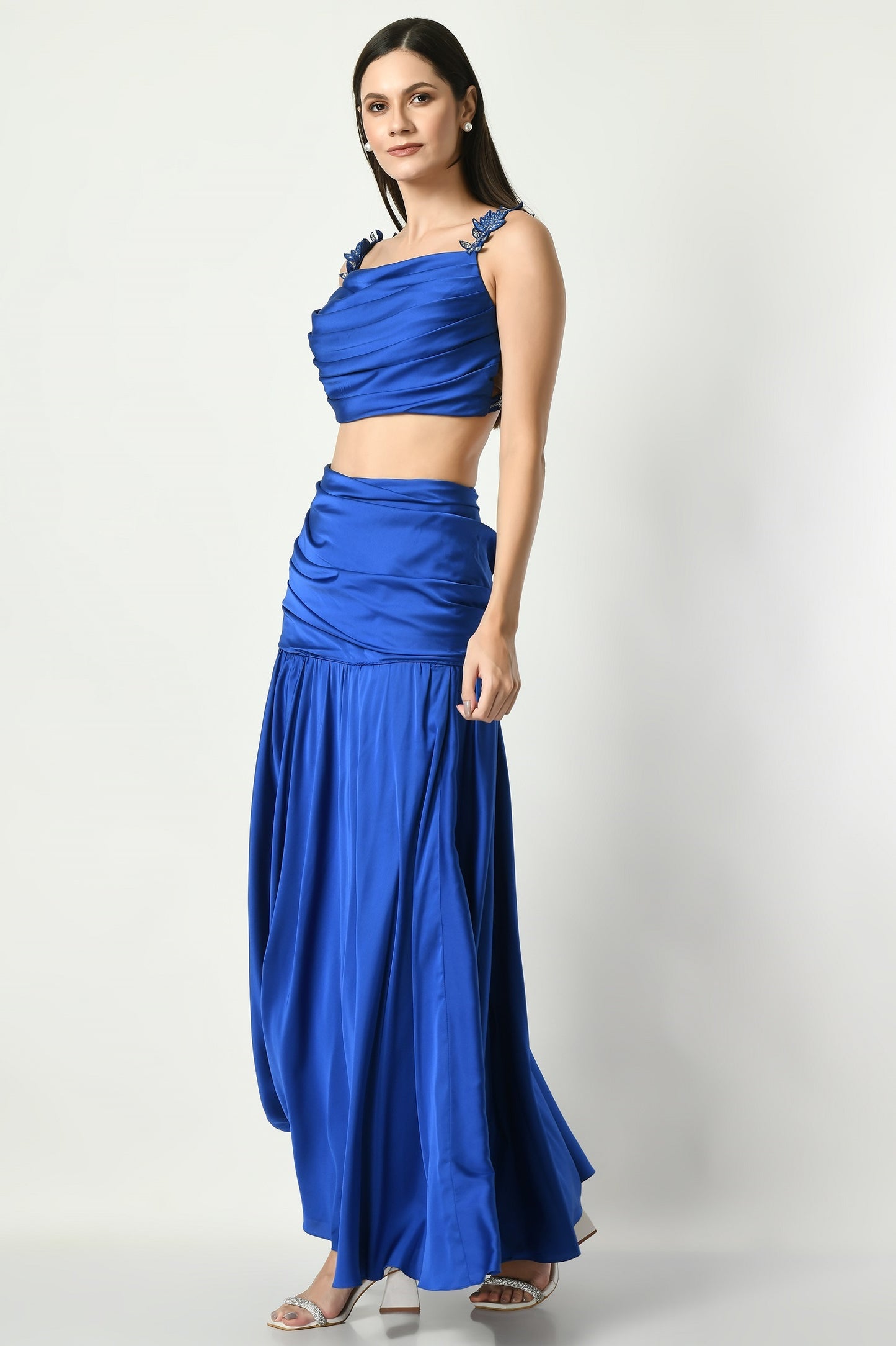 Size - 3XL | Blue Satin Crepe Embroidered Blouse with Draped Skirt for Women by Lable Sunanta Madaan Size - 3XL | Blue Satin Crepe Embroidered Blouse with Draped Skirt for Women by Lable Sunanta Madaan
