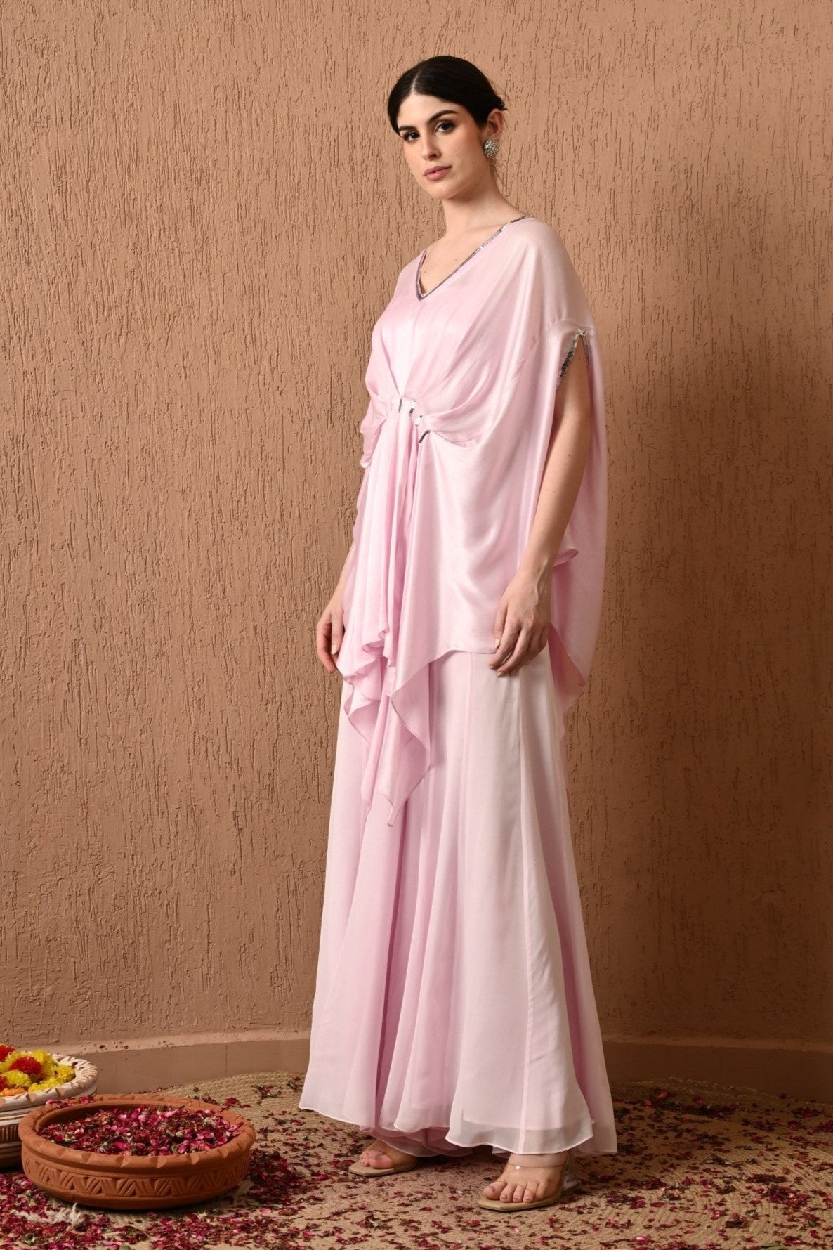 Pink Silk Chiffon Kaftan Wedding Dress with Hand-Embroidered Details – Perfect for wedding guests or bridal parties, this luxury kaftan adds elegance to every celebration