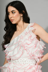 White Ruffle Dress with Pink Detailing by Sunanta Madaan – Elegant Designer Dress for Women | Trendy Party Wear & Summer Outfit | Chic Flowy Mini Dress for Special Occasions