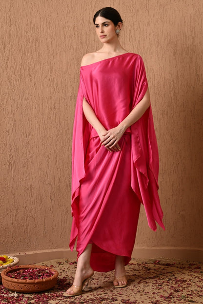 Kaftan, Pink Kaftan, Kaftan with Draped Skirt, Indo-western, Western Dress, Embroidered Kaftan, Sunanta Madaan, Draped Skirt With Kaftan in Pink