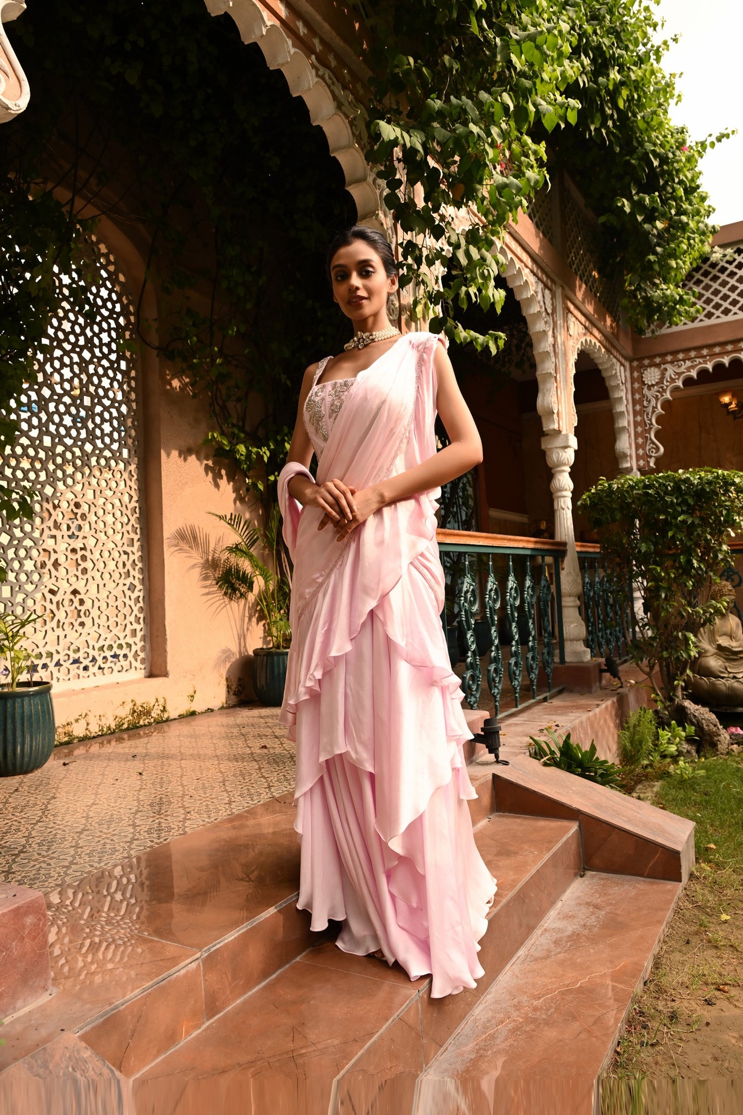 Ruffle Saree, Indo Western Saree, Pink Saree, Pink Saree for Wedding, Pink Saree for Engagement, Sunanta Madaan