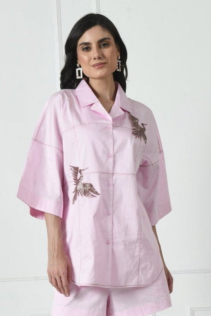 Pink color shirt for women, Embroidered shirt for women, Shirt for women, Short Sleeve Shirt for women, Button up Shirt for women, Casual Shirt for women, Collard Shirt for women by sunanta madaan