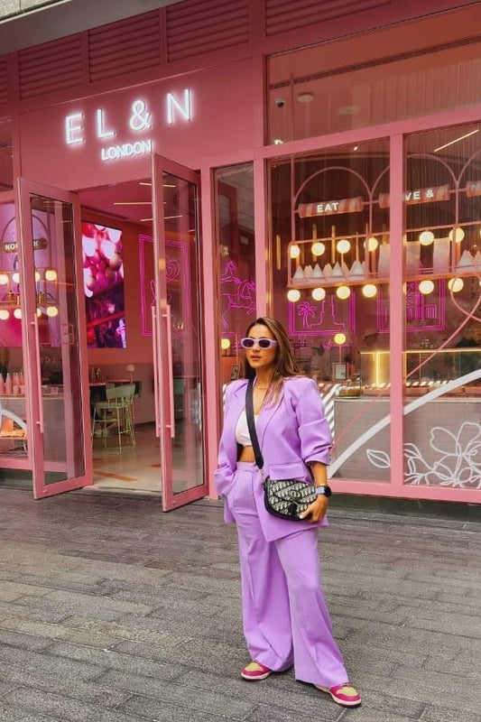 Luxe Elegance Redefined: Preeti Tandon Stuns in Sunanta Madaan's Oversized Lavender Blazer Set – A Perfect Blend of Comfort and High-Fashion Chic