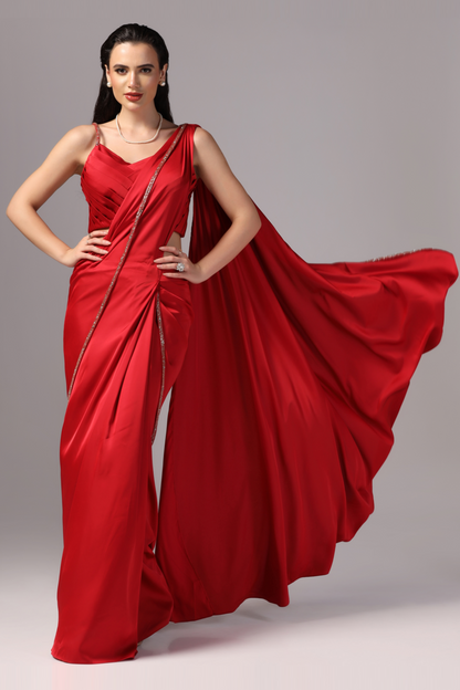 Red Draped Saree for Cocktail Party by Sunanta Madaan