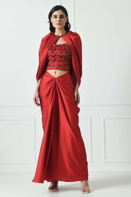 Red Indo-Western Skirt Dress With Cape