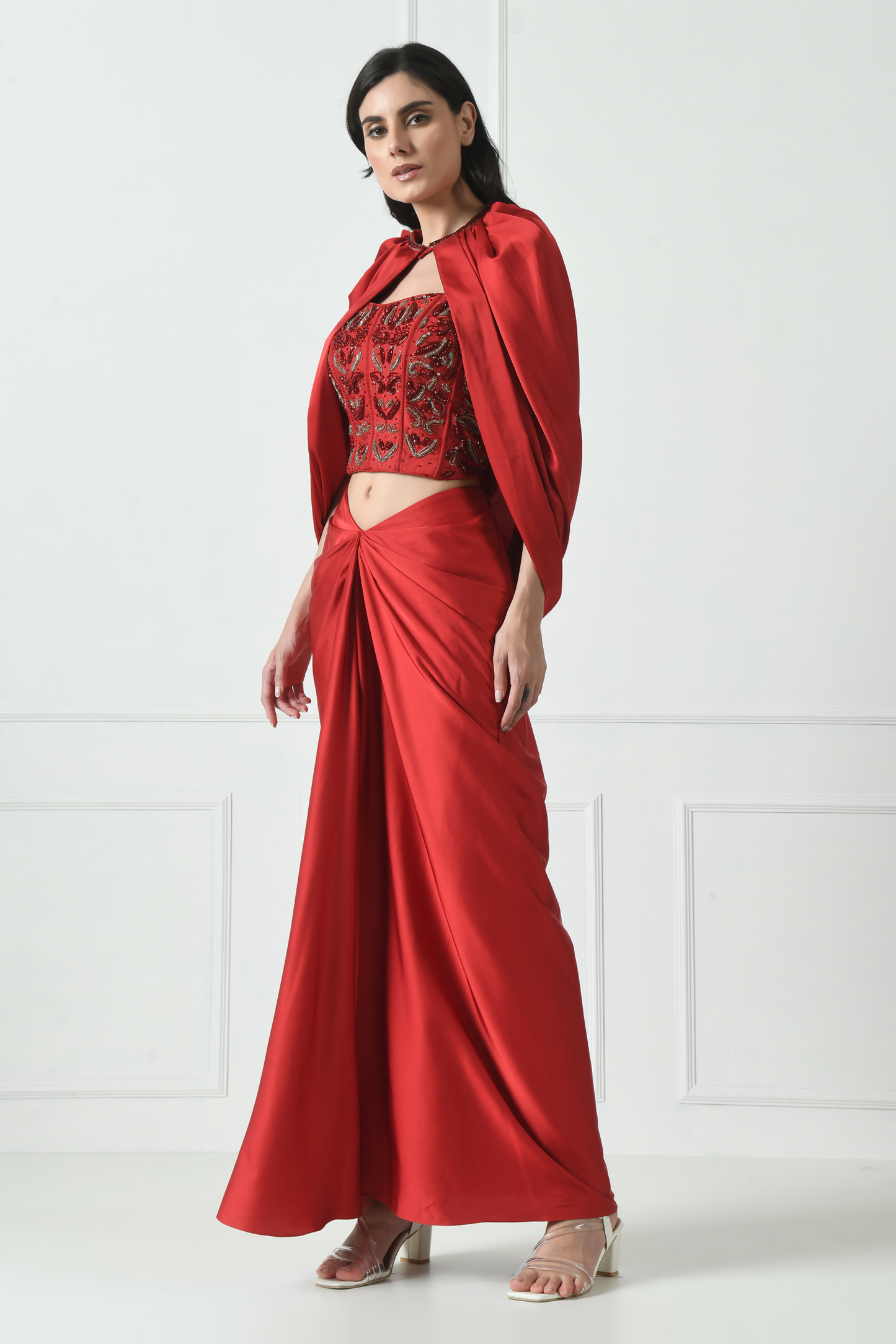 Red Indo Western Skirt Dress with Cape | Stylish Party Wear 3XL Red Indo Western Skirt Dress with Cape | Stylish Party Wear 3XL