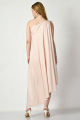 Peach-colored kaftan dress with luxurious satin fabric and a regal one-shoulder design - Kaftan dress for women, Designer kaftan for women, Women’s kaftan for women, Rogers Elegant kaftan for women, Long kaftan dress for women by sunanta madaan 