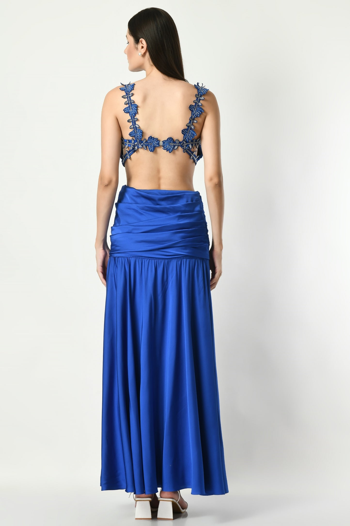 Size - 3XL | Blue Satin Crepe Embroidered Blouse with Draped Skirt for Women by Lable Sunanta Madaan Size - 3XL | Blue Satin Crepe Embroidered Blouse with Draped Skirt for Women by Lable Sunanta Madaan