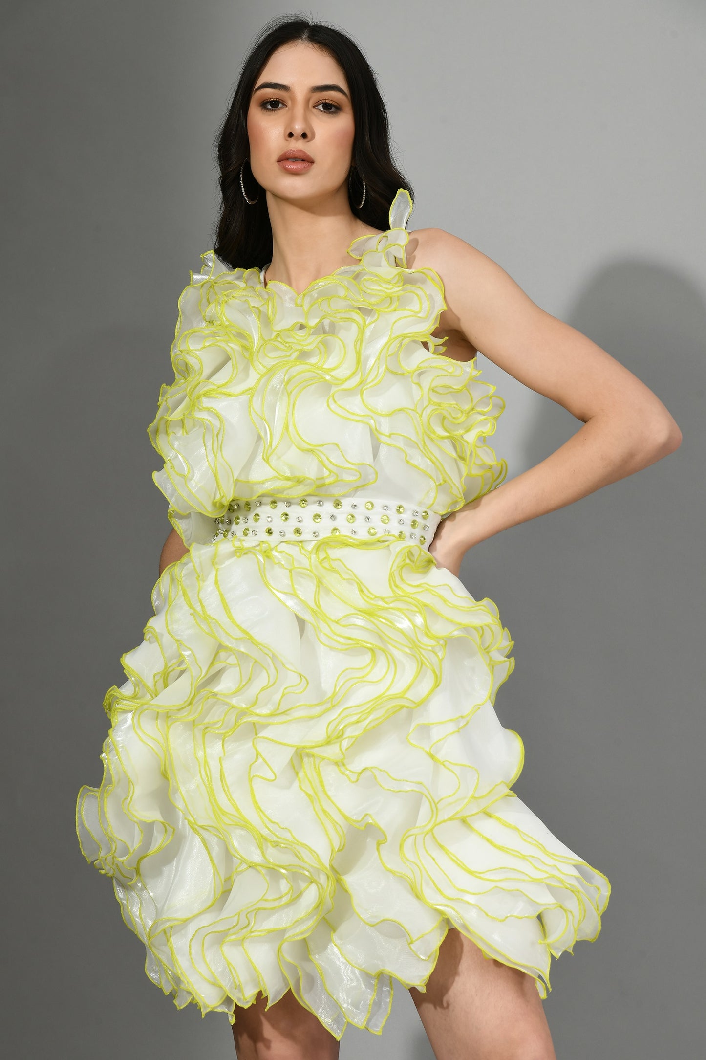 Amarillo Organza Ruffle One Piece Dress