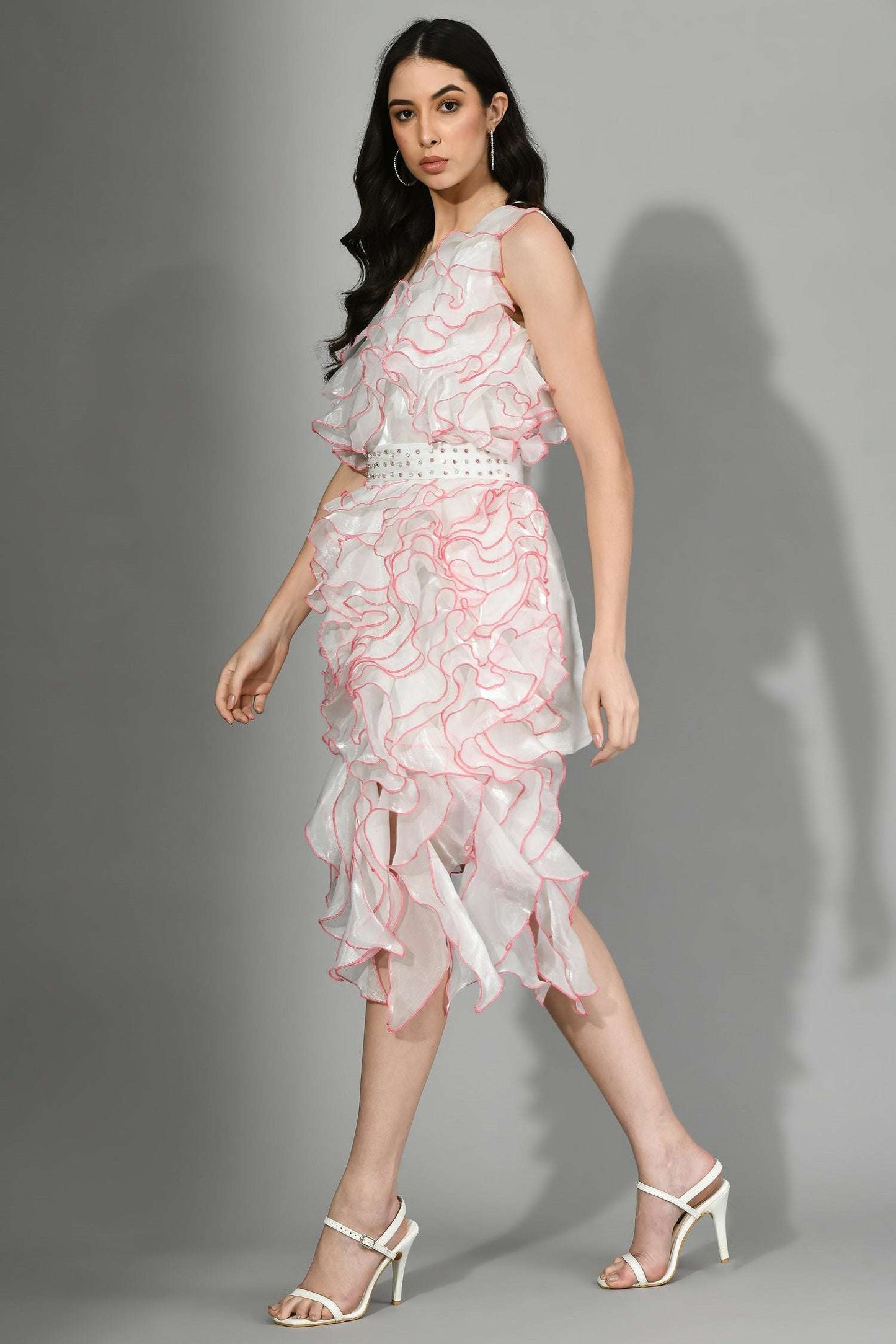 Iola White Organza Ruffle One-Piece Dress - Feminine Style Sunanta Madaan Couture Iola White Organza Ruffle One-Piece Dress - Feminine Style Sunanta Madaan Couture