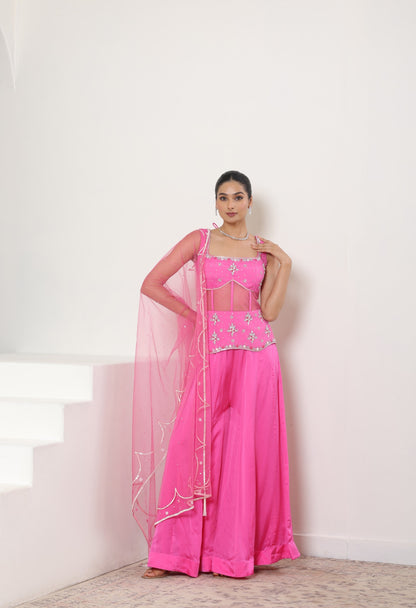 Pink Satin Organza Embroidered Sharara Set - Occasional Wear