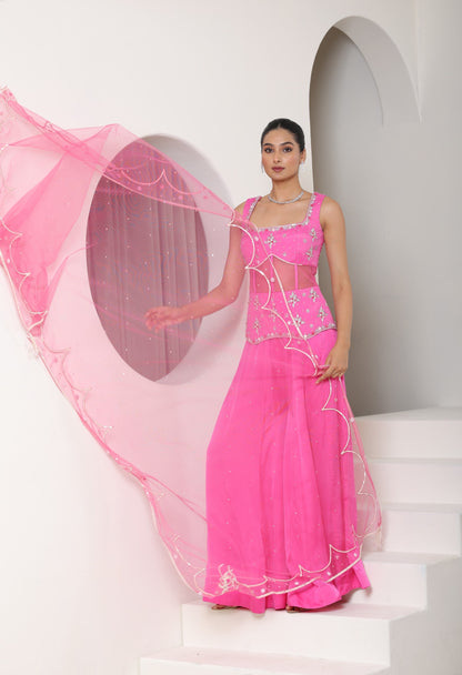 Pink Satin Organza Embroidered Sharara Set - Occasional Wear