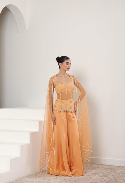 Orange Silk Crepe Draped Sharara Set -  Festive Wear