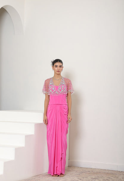 Pink Crepe Skirt Set with Embroided Cape - Handcrafted Engagement Wear