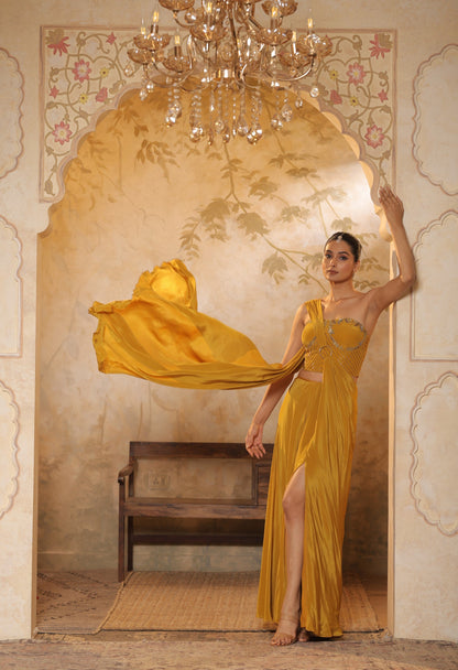 Golden Yellow Crepe Embroidered Saree - Premium Haldi Wear