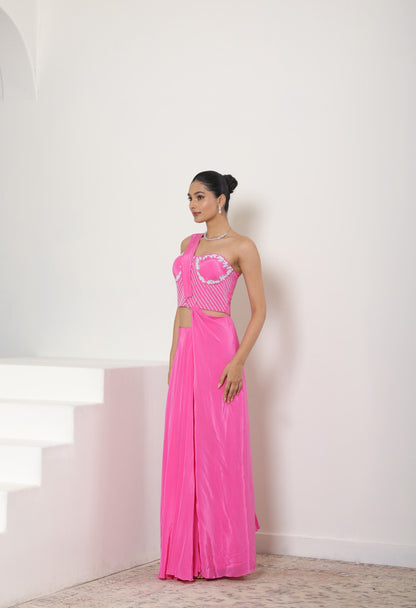 Hot Pink Hand Embroidered Crepe Saree - Premium Cocktail Wear
