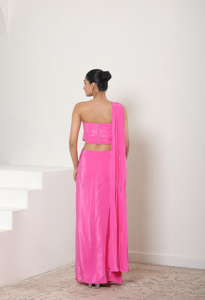 Hot Pink Hand Embroidered Crepe Saree - Premium Cocktail Wear