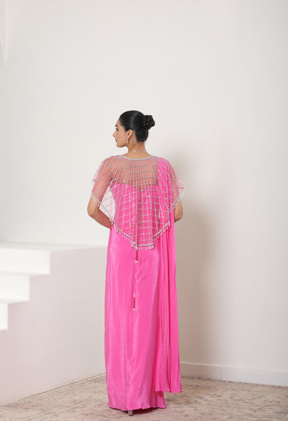 Pink Crepe Saree wih Embroidered Cape - Designer Wedding Wear