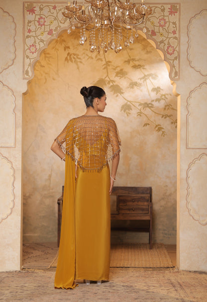Golden Yellow Crepe Saree with Designer Cape - Premium Haldi Wear
