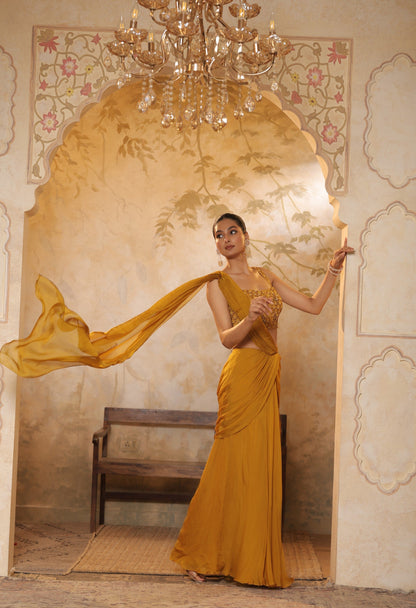 Golden Yellow Chiffon Embroidered Saree - Elegant Traditional Wear