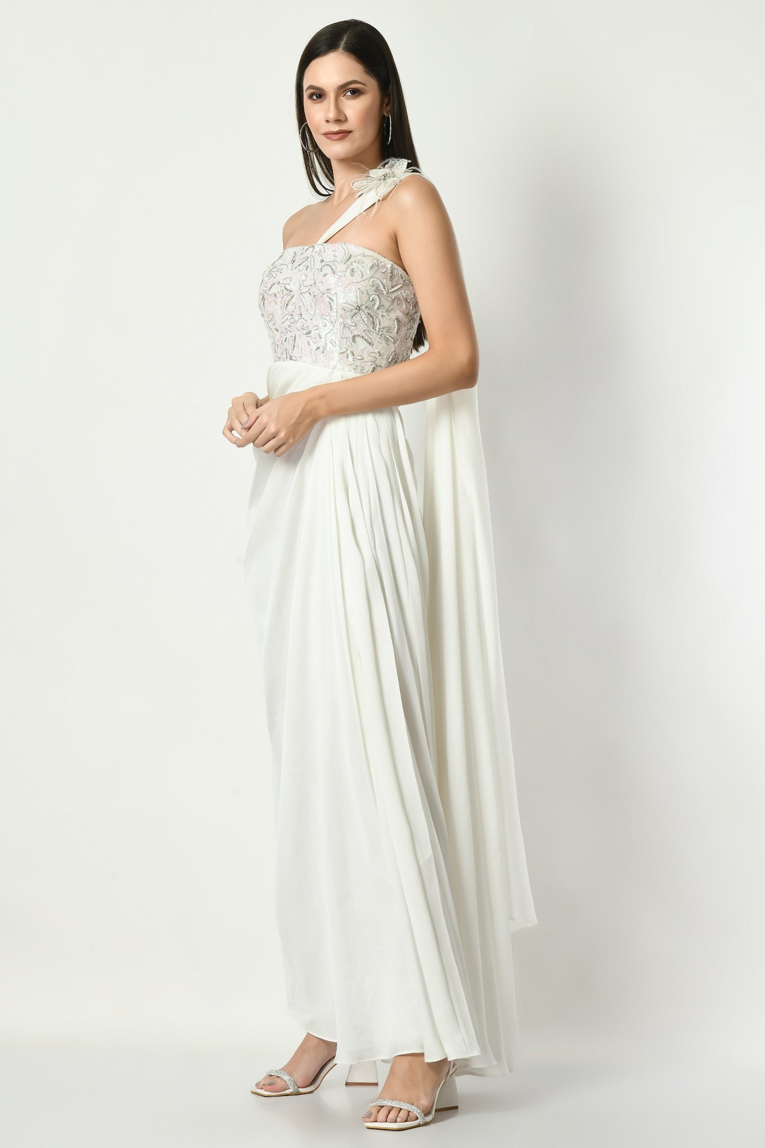 Ethnic saree gown for women, Modern saree gown for women, Winslow Saree gown for wedding for women, Party wear saree gown for women, Bridal saree gown for women, Embroidered saree gown for women by sunanta madaan