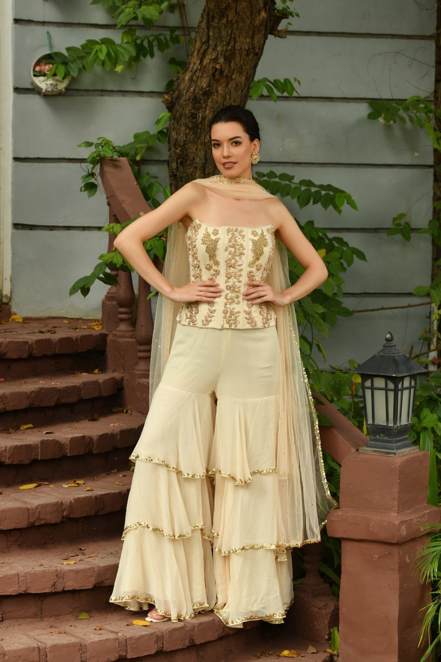 sharara for wedding, Sharara with Coreset, Sharara with Cape, crop top with sharara, sharara dress for wedding, sharara for girls, garara sharara, sharara design, sharara for women, Sunanta Madaan Sharara Set, Sharara Set Near Me, Western Design, Western dress , western design blouse, western saree, India Western saree, Indian fusion wear for women, fusion wear for ladies, Fusion wear India, Indo Western Fusion dress