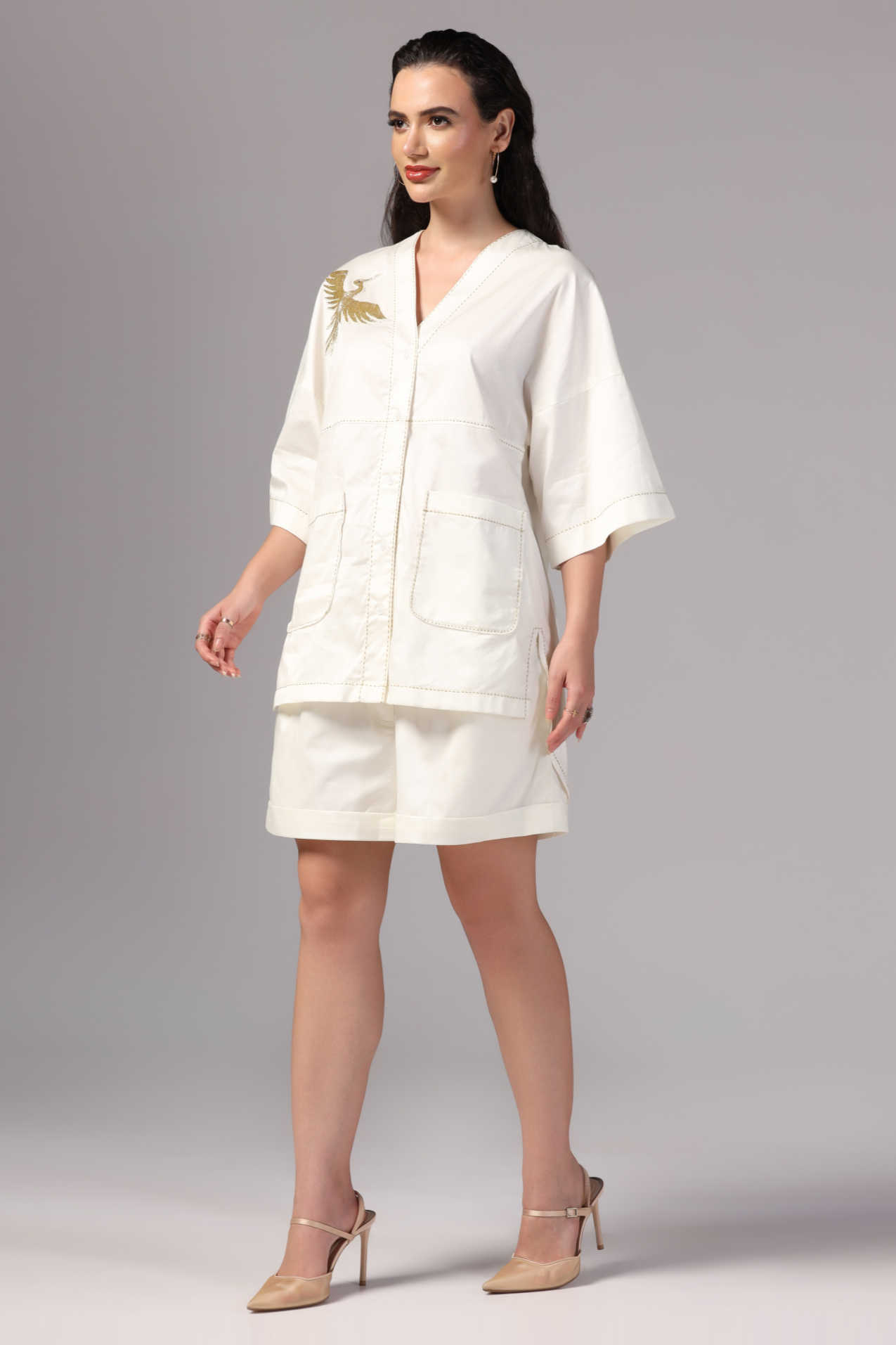 Ivory Co-Ord Set with Shorts by Sunanta Madaan – Elegant Women's Designer Set with Intricate Embroidery | Trendy Summer Outfit | Chic Casual & Resort Wear Ensemble