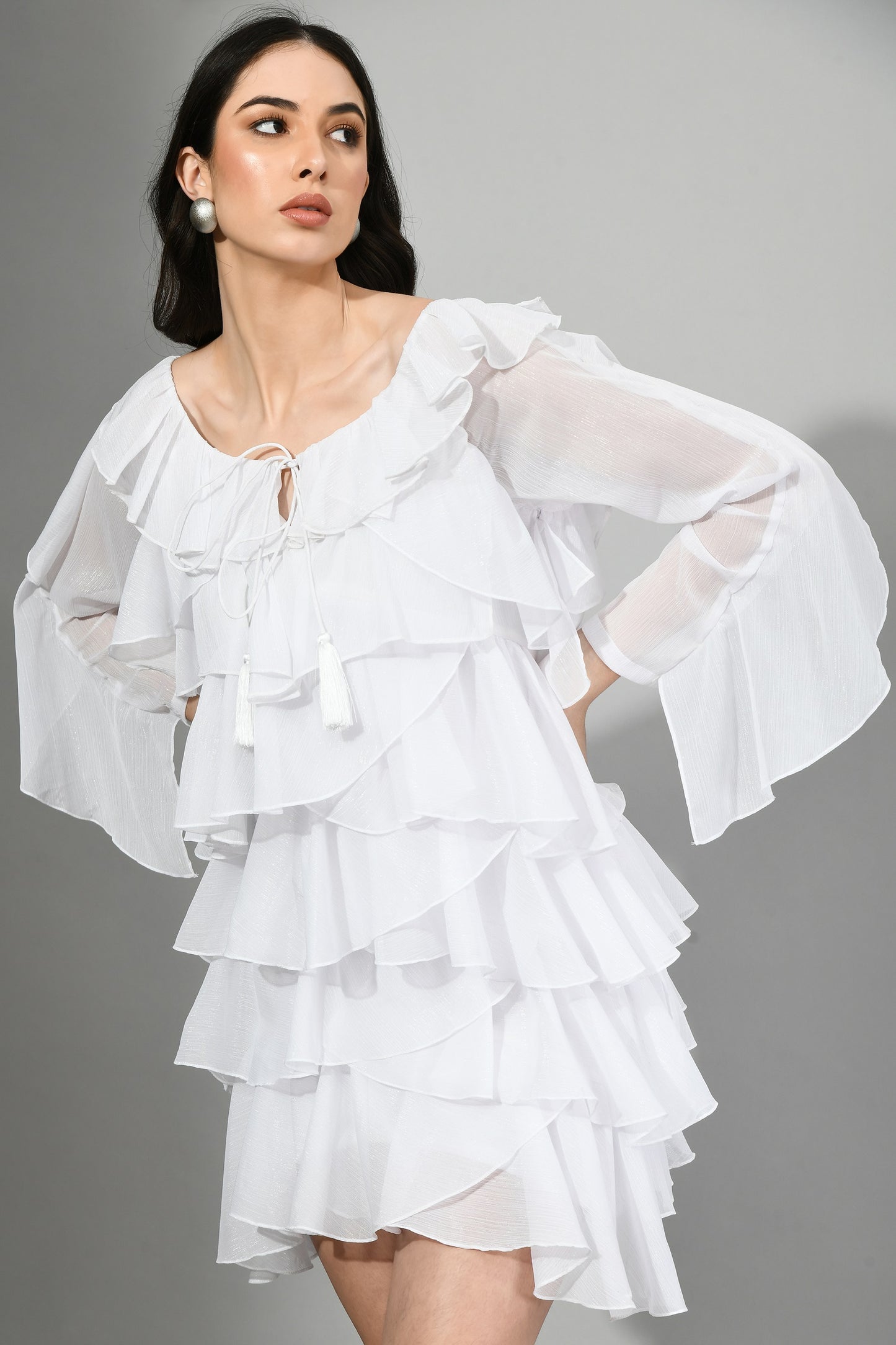 Snowflake Elegance: White Ruffle Dress in wrinkle Chiffon