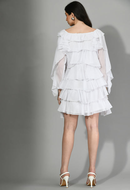 Snowflake Elegance: White Ruffle Dress in wrinkle Chiffon