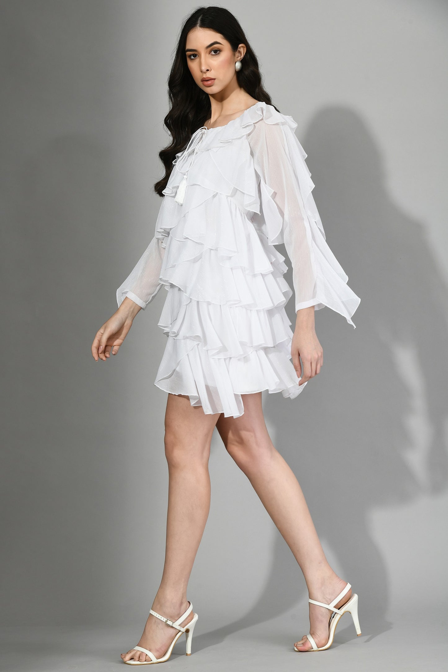 Snowflake Elegance: White Ruffle Dress in wrinkle Chiffon