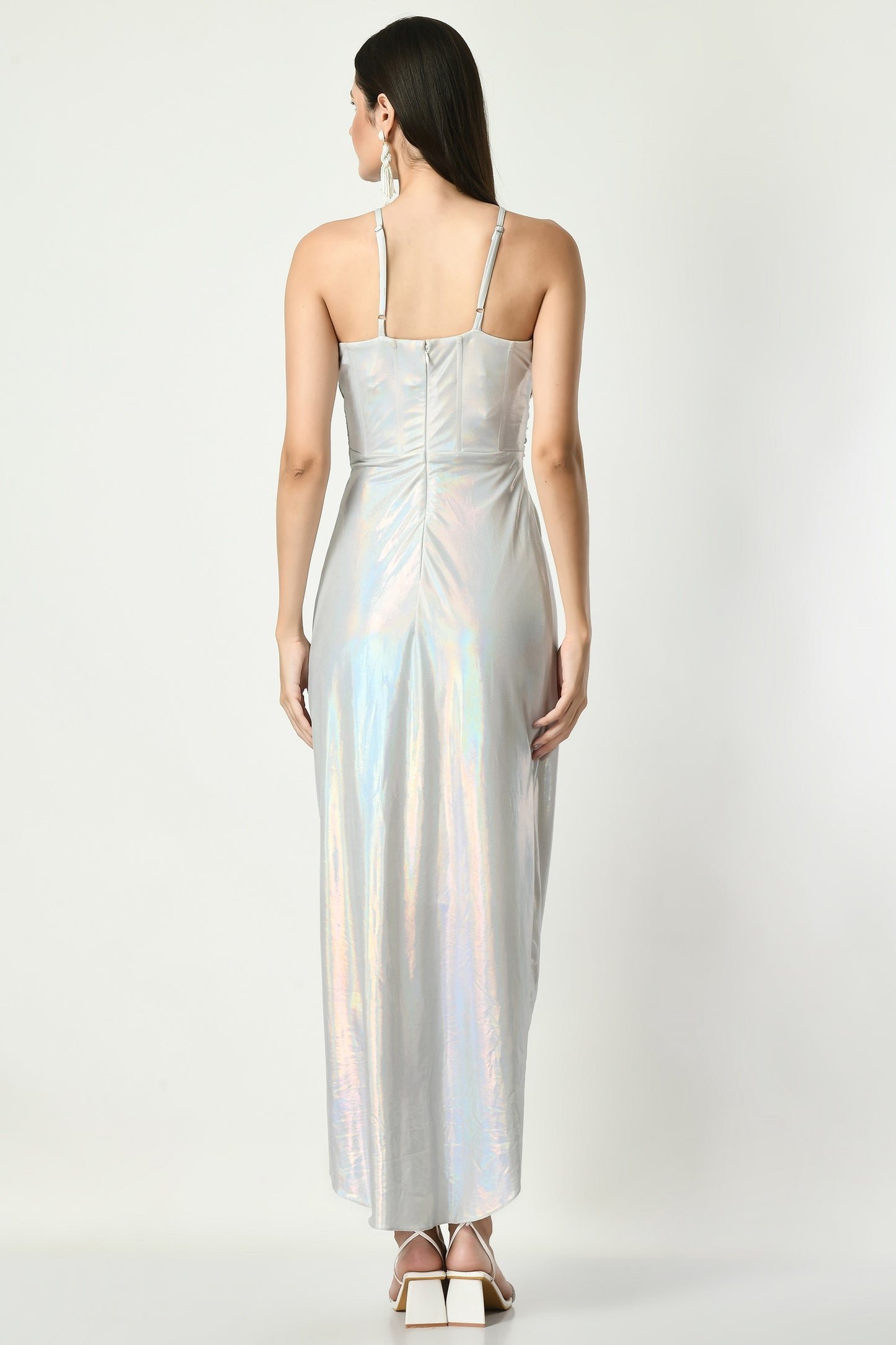 silver indo western dress Metallic Taupe Embellished Indo Western Gown