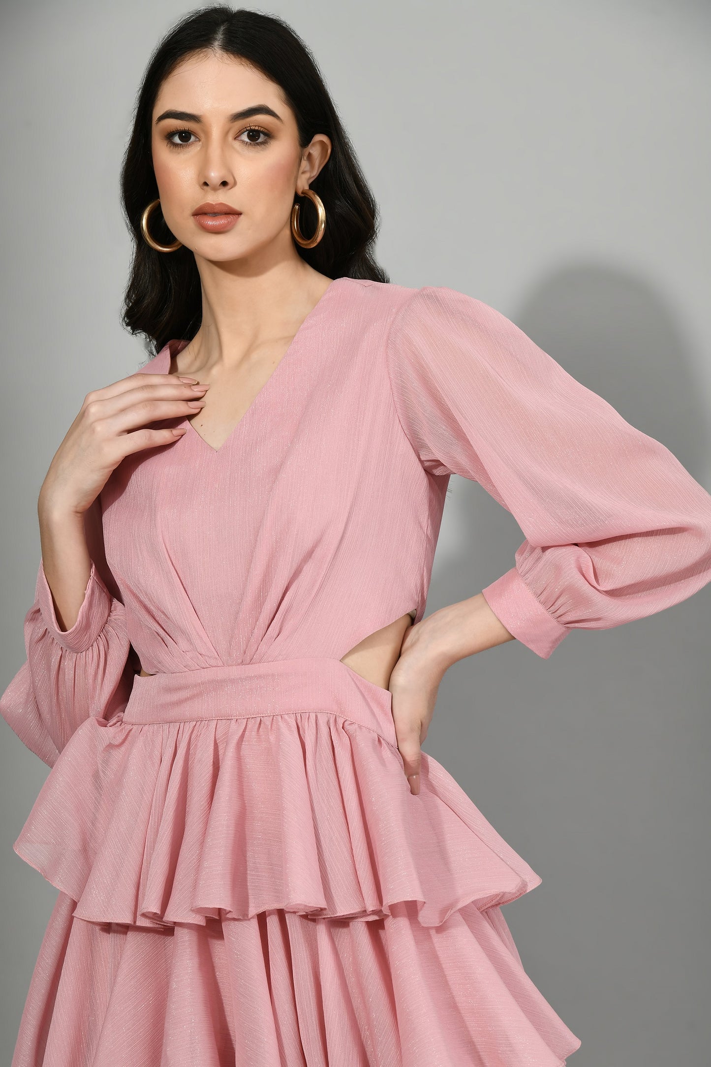 Sunset Bloom: Chic Ruffle Dress with Side Waist Cuts for Glamour